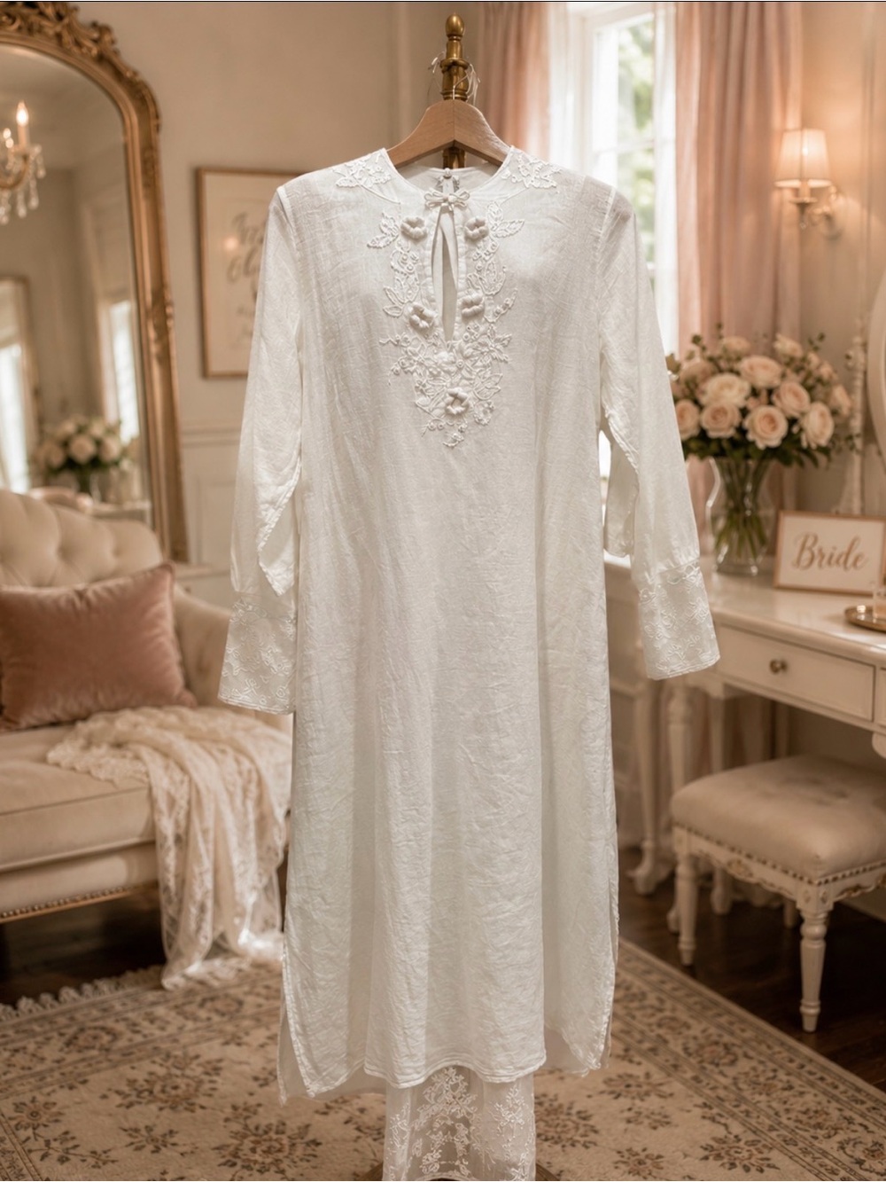 White Long Sleeve Midi Dress with Mandarin Collar for Bride